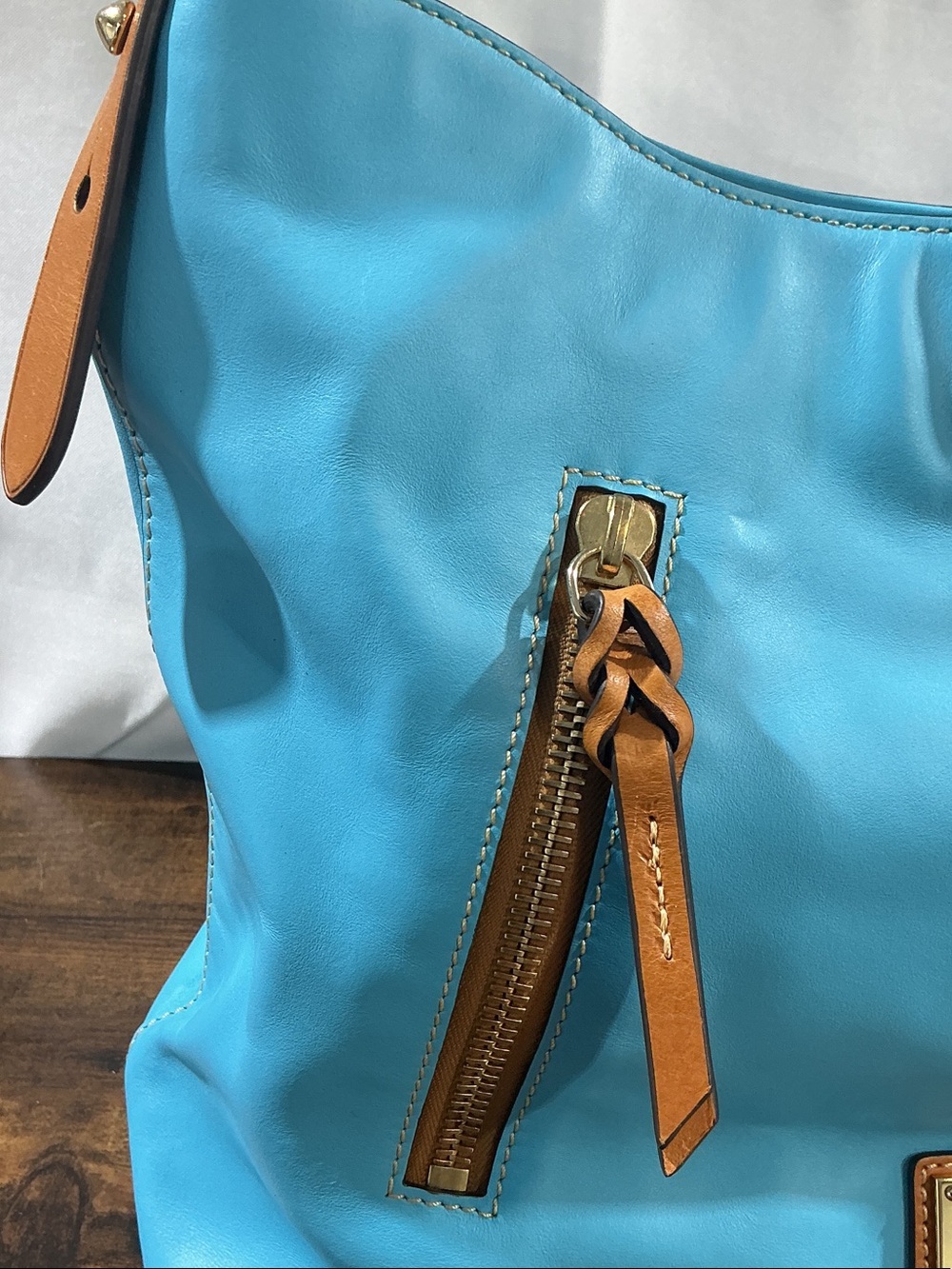 Dooney & Bourke Turquoise Nylon Shoulder Bag with Tan Leather Accents - Picture 3 of 16